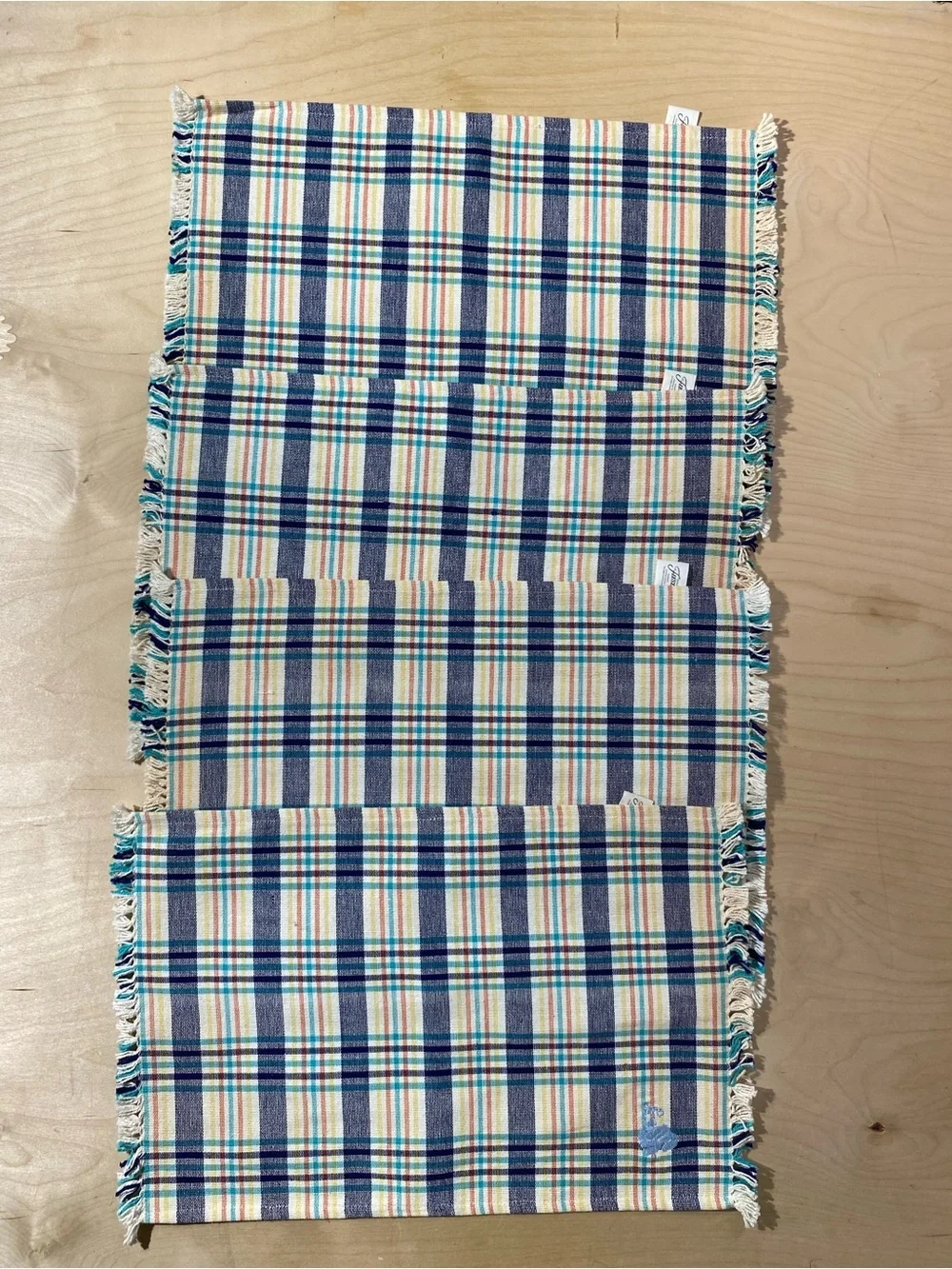 Set of 4 Fiesta Blue & Cream Plaid Placemats with Fringe (RK)
